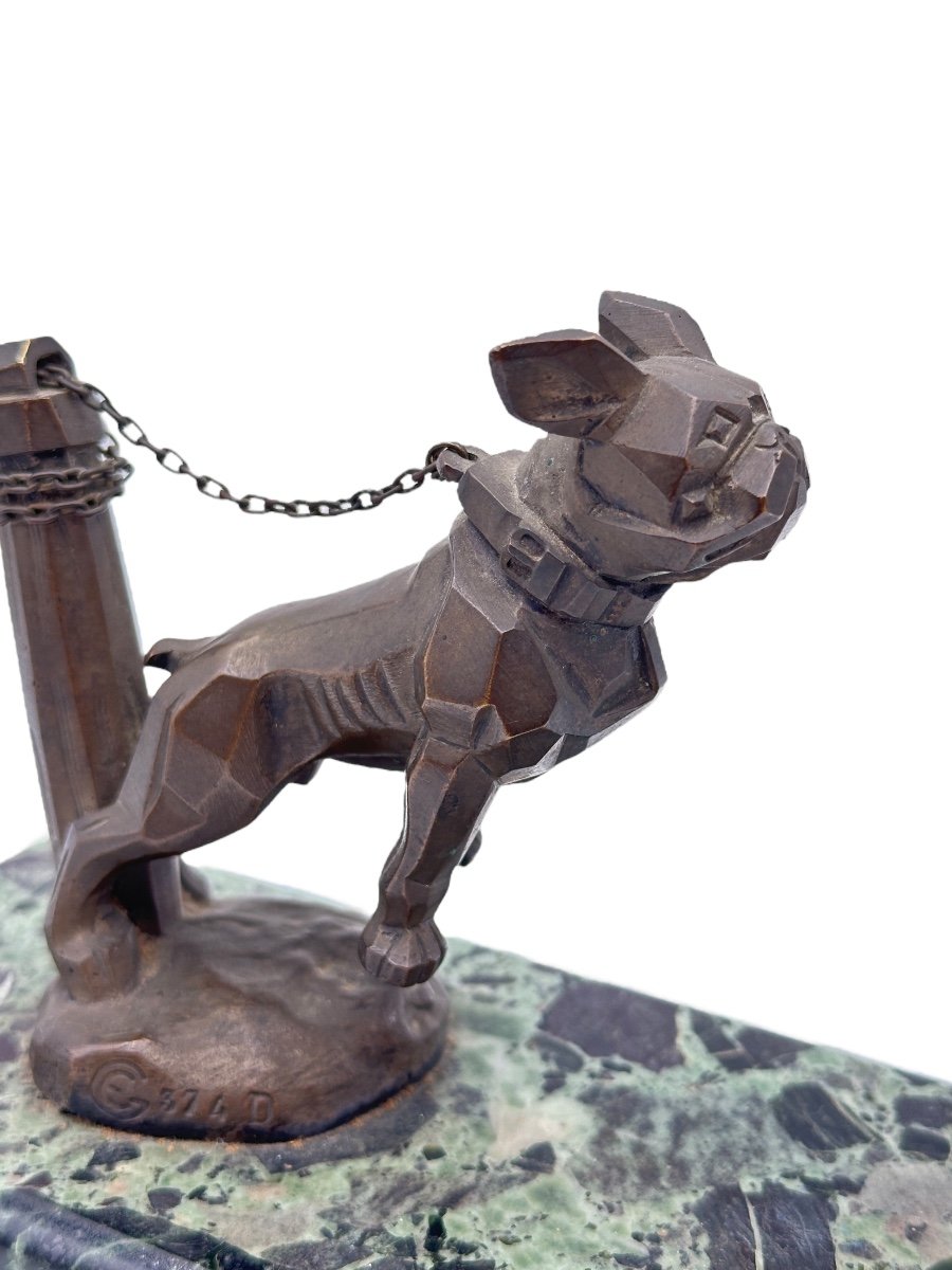 Bulldog Mascot/radiator Cap With Chain Signed Ge In Bronze-photo-2