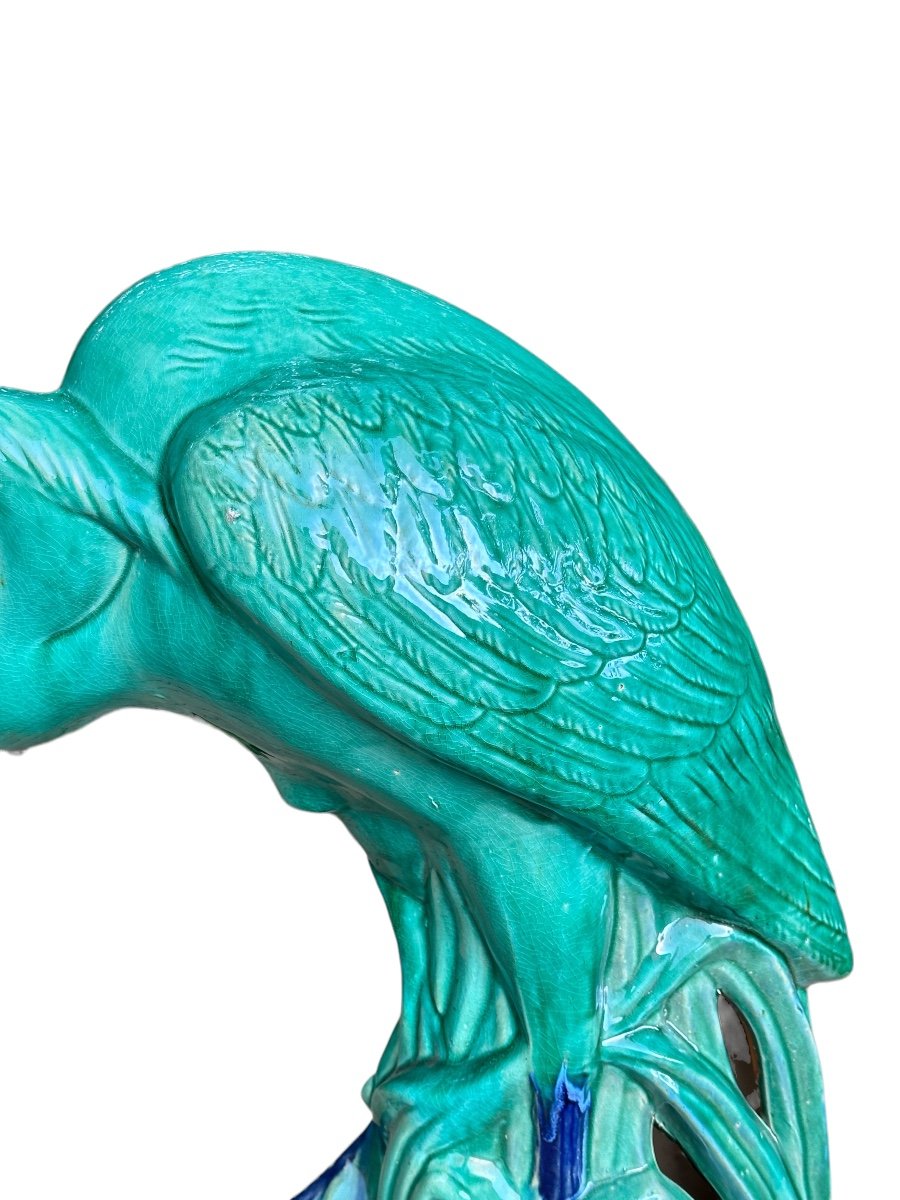 Heron Important Ceramic Subject, Green And Blue Enameled-photo-3