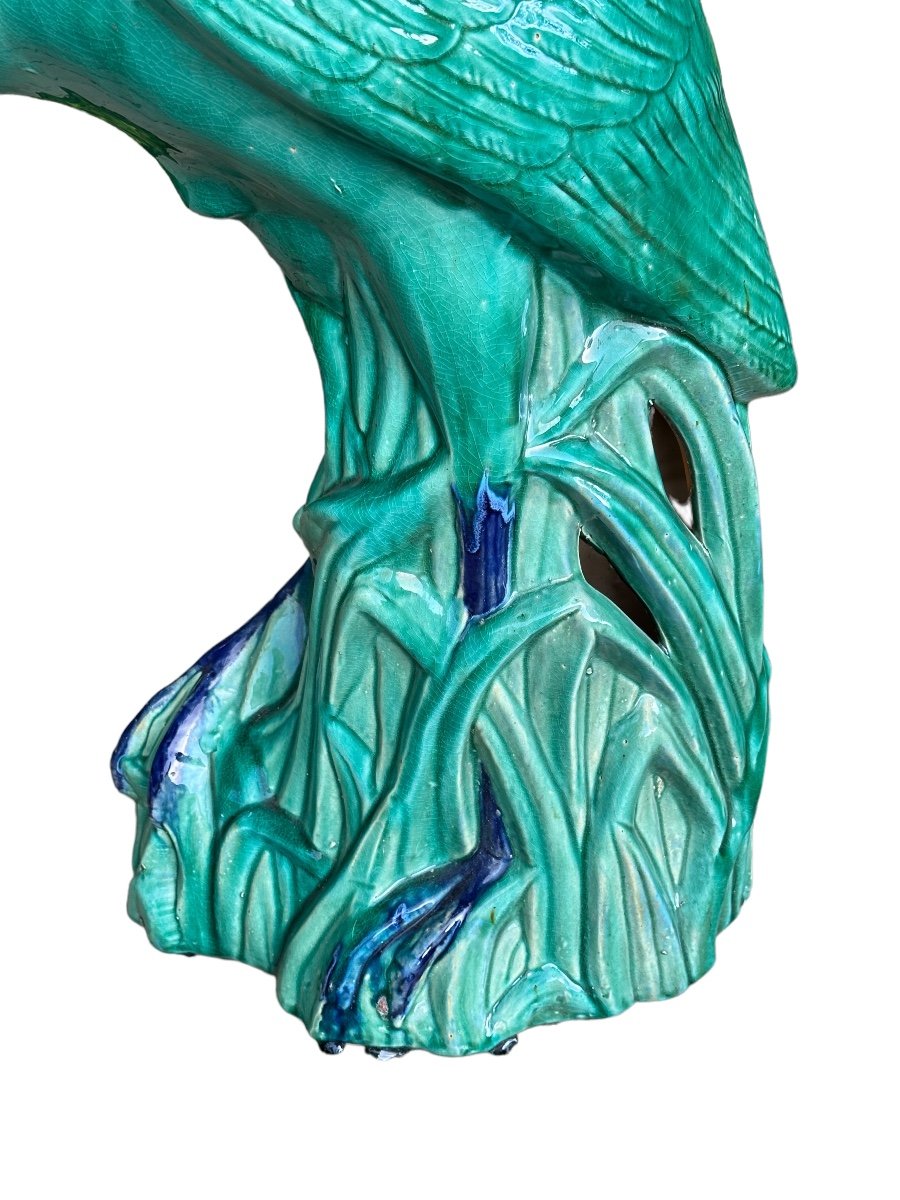 Héron Important Sujet En Céramique, émaillée Vert Et Bleu-photo-4