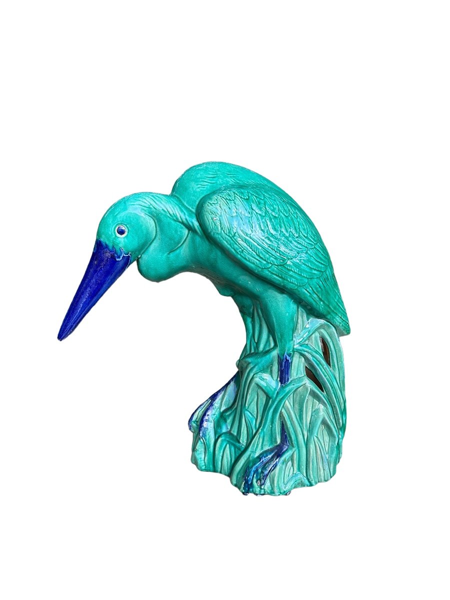 Heron Important Ceramic Subject, Green And Blue Enameled