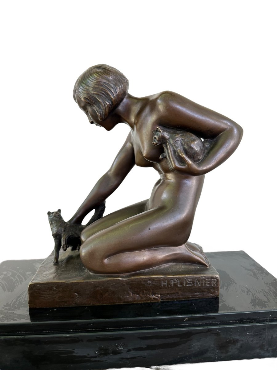 H.plisnier Bronze Art Deco Woman With Cats -photo-3