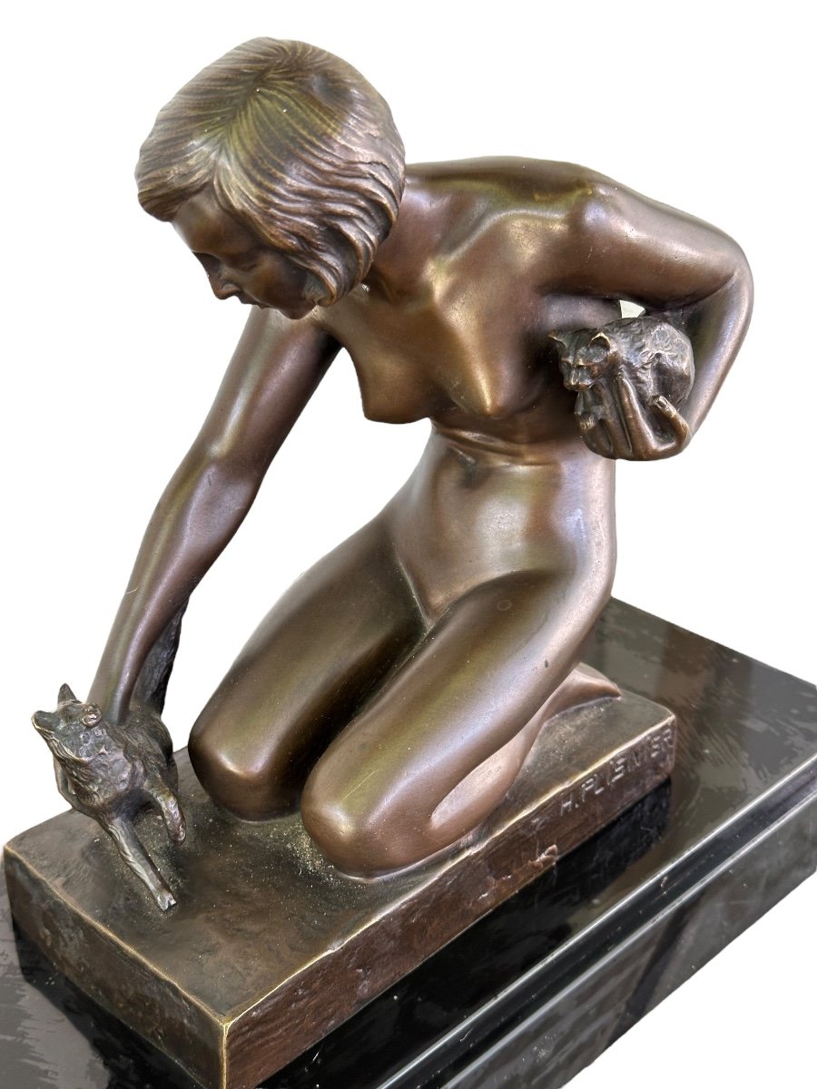 H.plisnier Bronze Art Deco Woman With Cats -photo-2