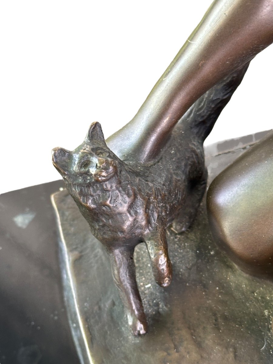 H.plisnier Bronze Art Deco Woman With Cats -photo-3