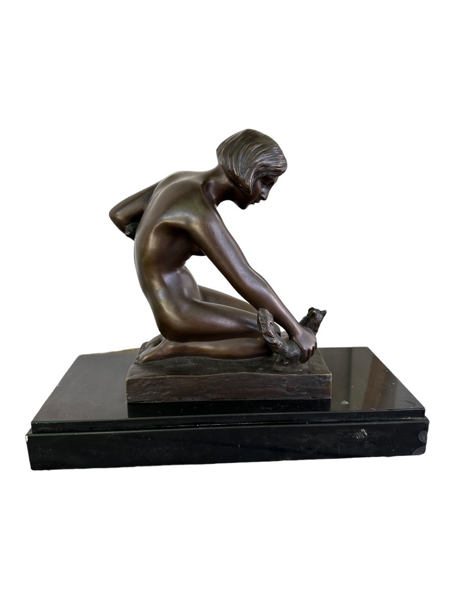 H.plisnier Bronze Art Deco Woman With Cats -photo-4