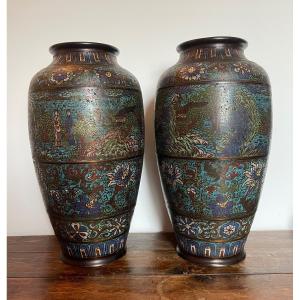 Paire De Vases En Bronze Cloisonné Fin XIX 