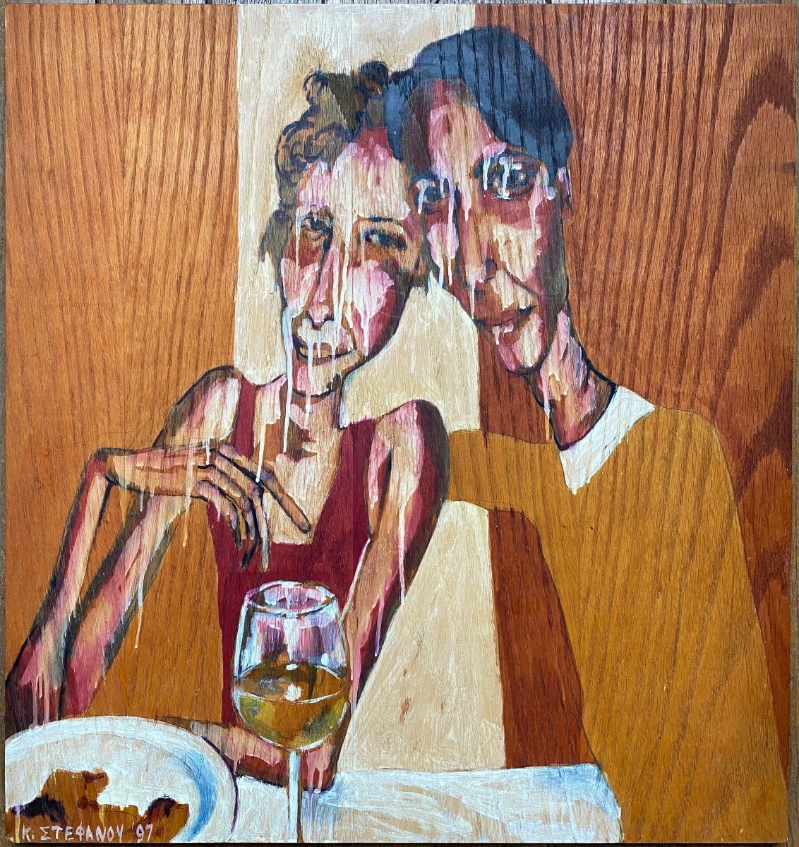 Constantinos Stefanou (1966) Couple With A Glass - Cypriot School