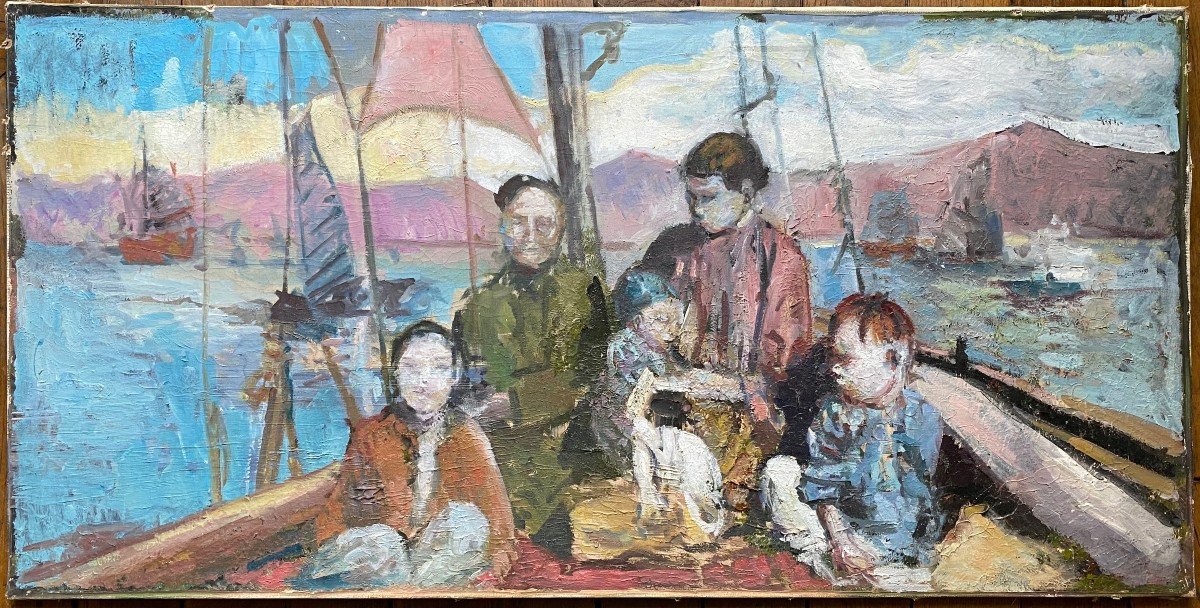 Famille en mer voilier Paysage Asiatique ? Provence Région Var Signé à identifier 1965