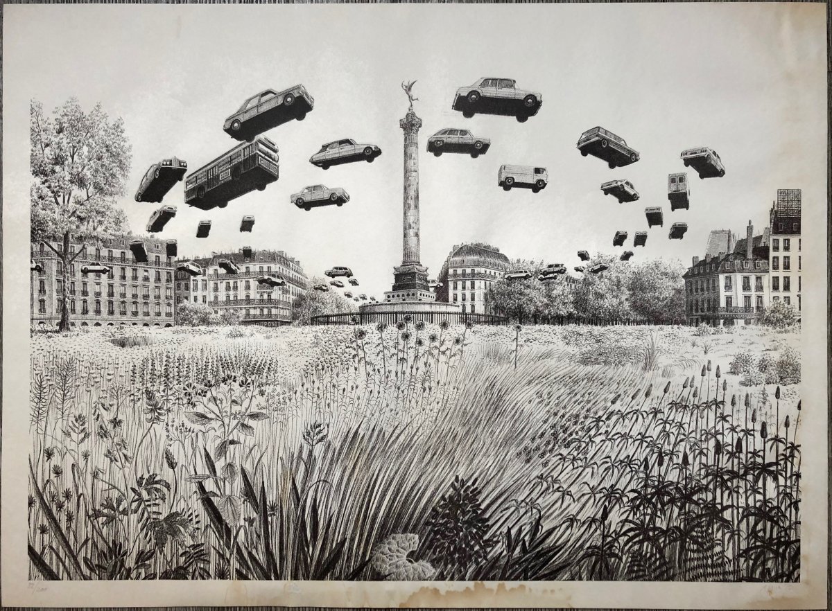 Dominique Appia (1926) Surrealism 1975 Place De La Bastille Flying Cars