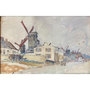 Frédéric Anatole Houbron (1851-1908) Cassel Near Dunkirk 1897 Street With Mills