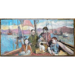 Family At Sea Sailboat Asian Landscape? Provence Var Region Signed To Identify 1965