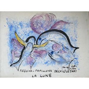 Jean Edern HALLIER (1936-1997) Requins-Papillons déchiquetant la lune 1994