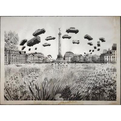 Dominique Appia (1926) Surrealism 1975 Place De La Bastille Flying Cars