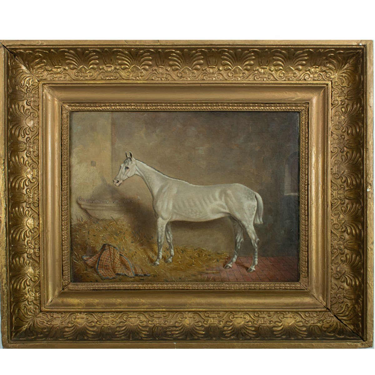 Slr J Truman (active 19th Century) White Horse In His Stable, Oil On Canvas,