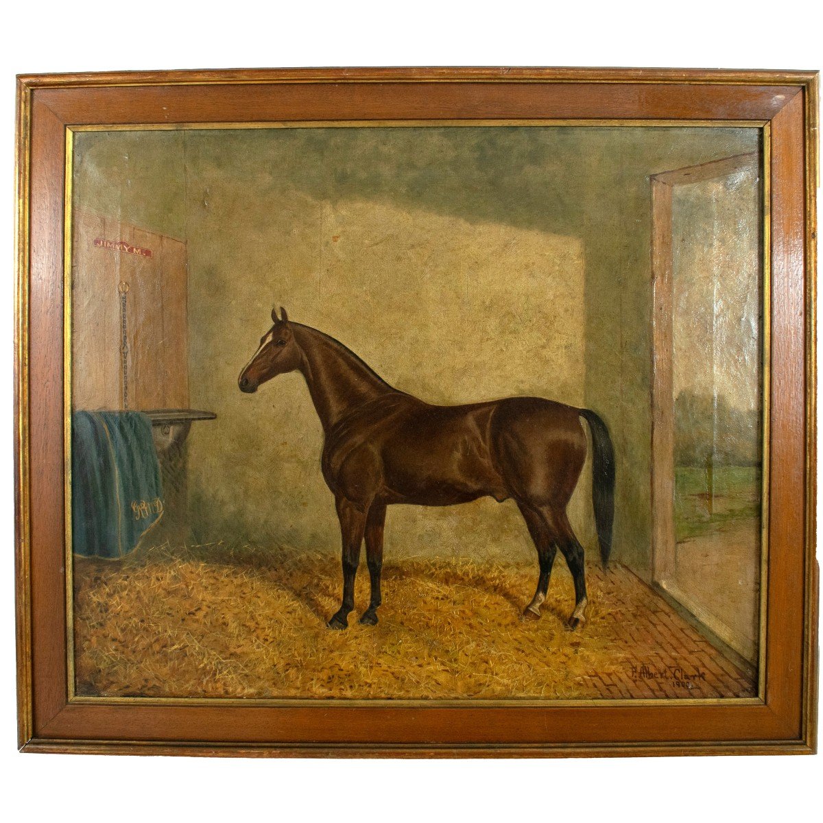 Albert Clark Daté De 1900 - Portrait à l'Huile Sur Toile Du Cheval 'jimmy M'.