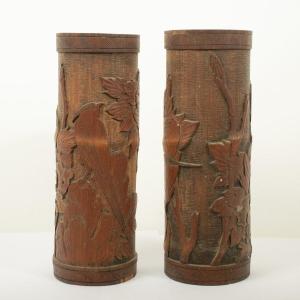 Pair Of Vintage Chinese Bamboo Brush Pots