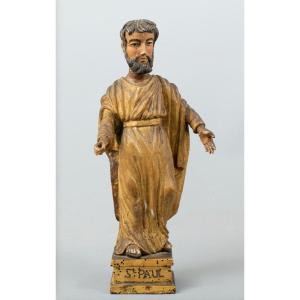 Saint Paul : Statuette En Bois Sculpté Et Doré Polychrome, Fin Du XVIIIe Siècle