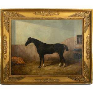 Albert James Clark (1843-1928, Britannique). Cheval Noir Dans Son écurie. Huile Sur Toile