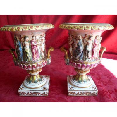Naples Capo Di Monte Pair Of Vases Medicis Vintage Porcelain First Half Of 20th Century