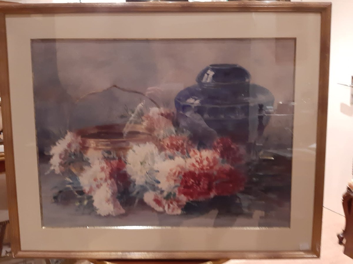 AQUARELLE NATURE MORTE AUX OEILLETS ET AU VASE BLEU SIGNE GERMAINE MANACH