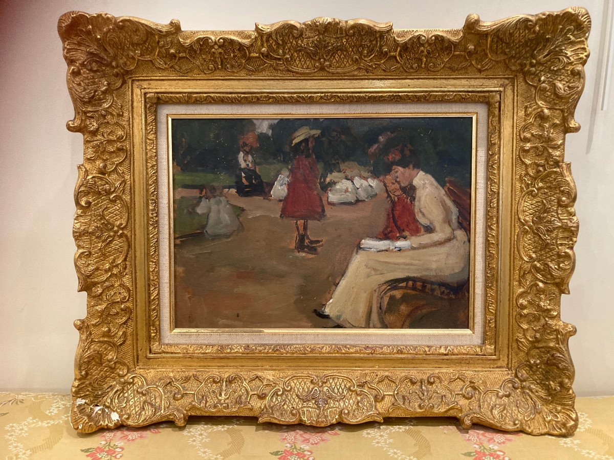 Fernand Piet Oil On Panel Scene In A Park