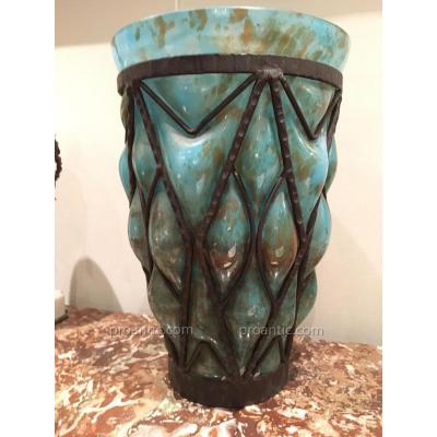 Grand Vase En Verre Marbré Et Fer Forge  Art Déco