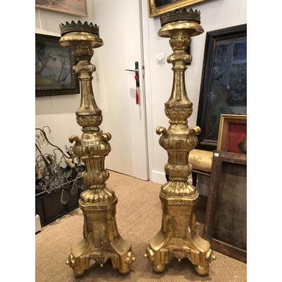 Large Pair Of Italian Gilded Wood Candlesticks End Of 18th Century