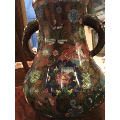 Cloisonne Bronze Enamelled Vase With 2 Handles -19th Century