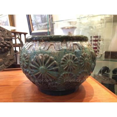 Stoneware Enamelled Flower Pot Signed Gilbert Metenier
