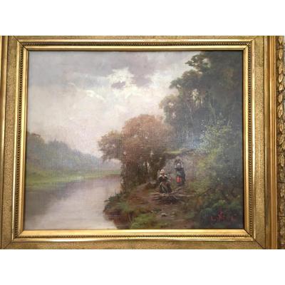Oil On Canvas Landscape With 2 Women Signed Noel