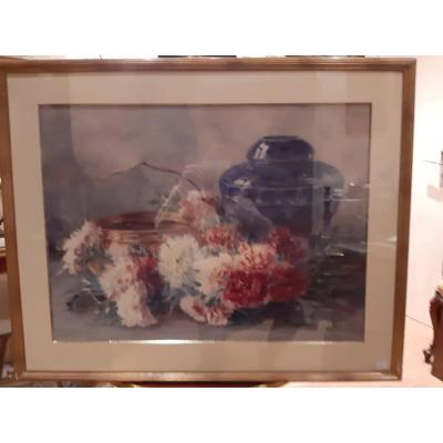 AQUARELLE NATURE MORTE AUX OEILLETS ET AU VASE BLEU SIGNE GERMAINE MANACH