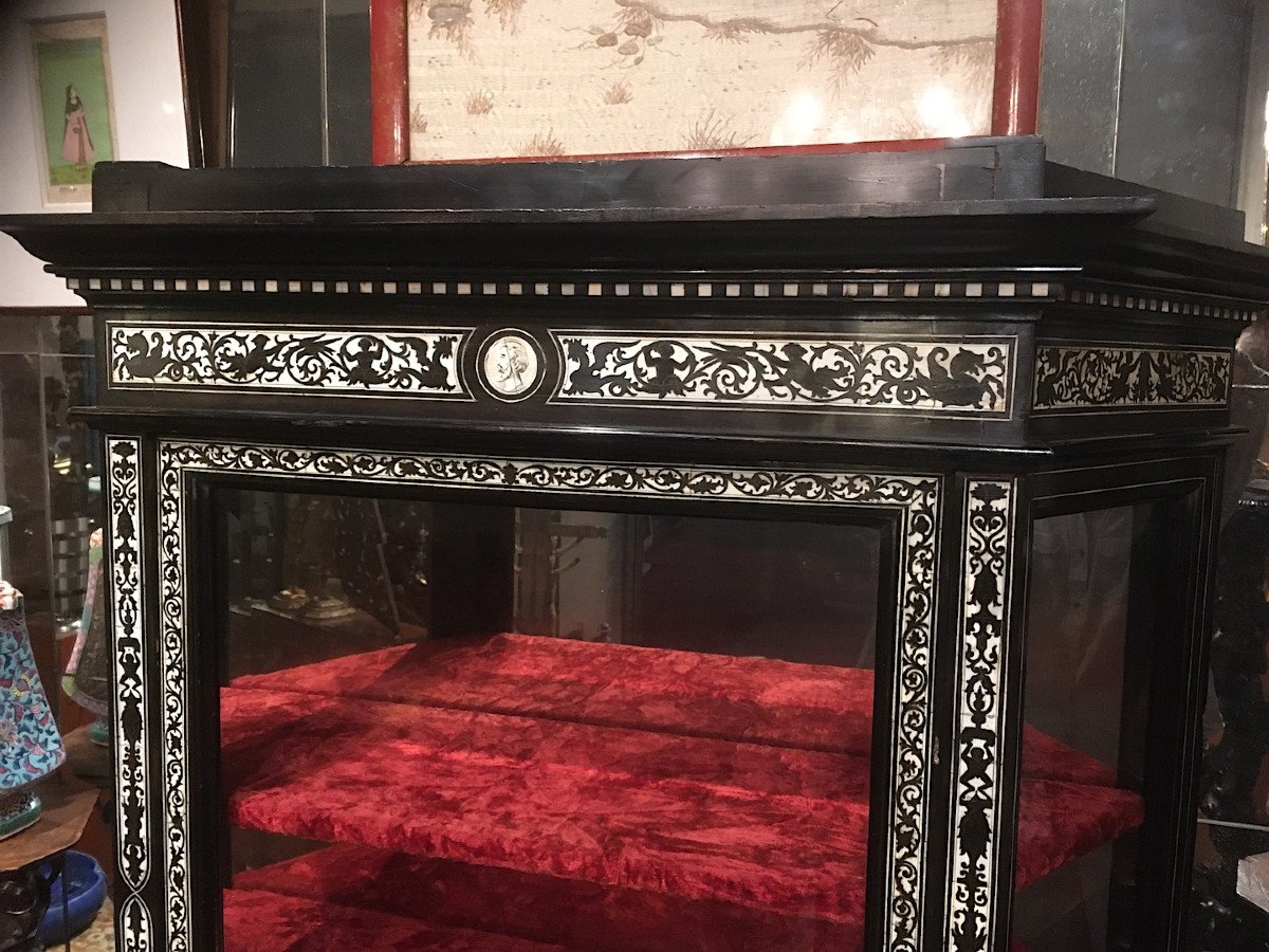 Showcase Cabinet In Ebony And Bone Marquetry 17th Style. Italy Mid 19th Century.-photo-2