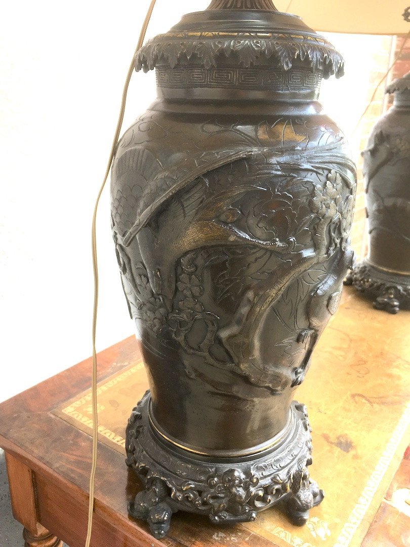 Large Pair Of Brown Patina Bronze Lamp. Indochina Vietnam Late 19th Century.-photo-4