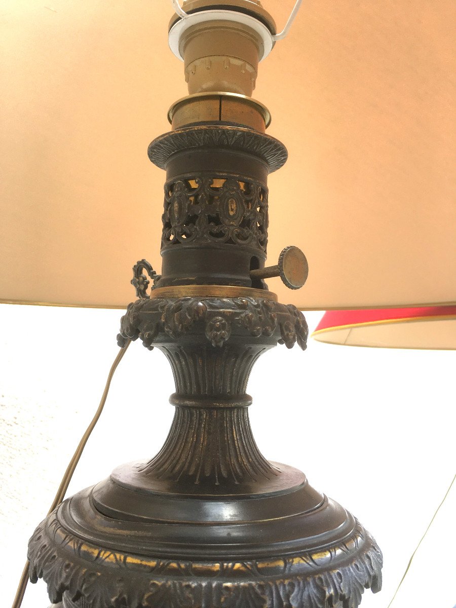 Large Pair Of Brown Patina Bronze Lamp. Indochina Vietnam Late 19th Century.-photo-1