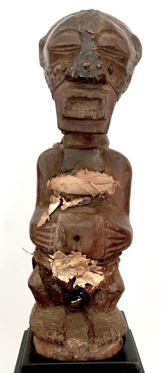 Wooden Fetish With Brown Patina, Copper And Skin. Songyé, Drc Mid 20th Century.-photo-4