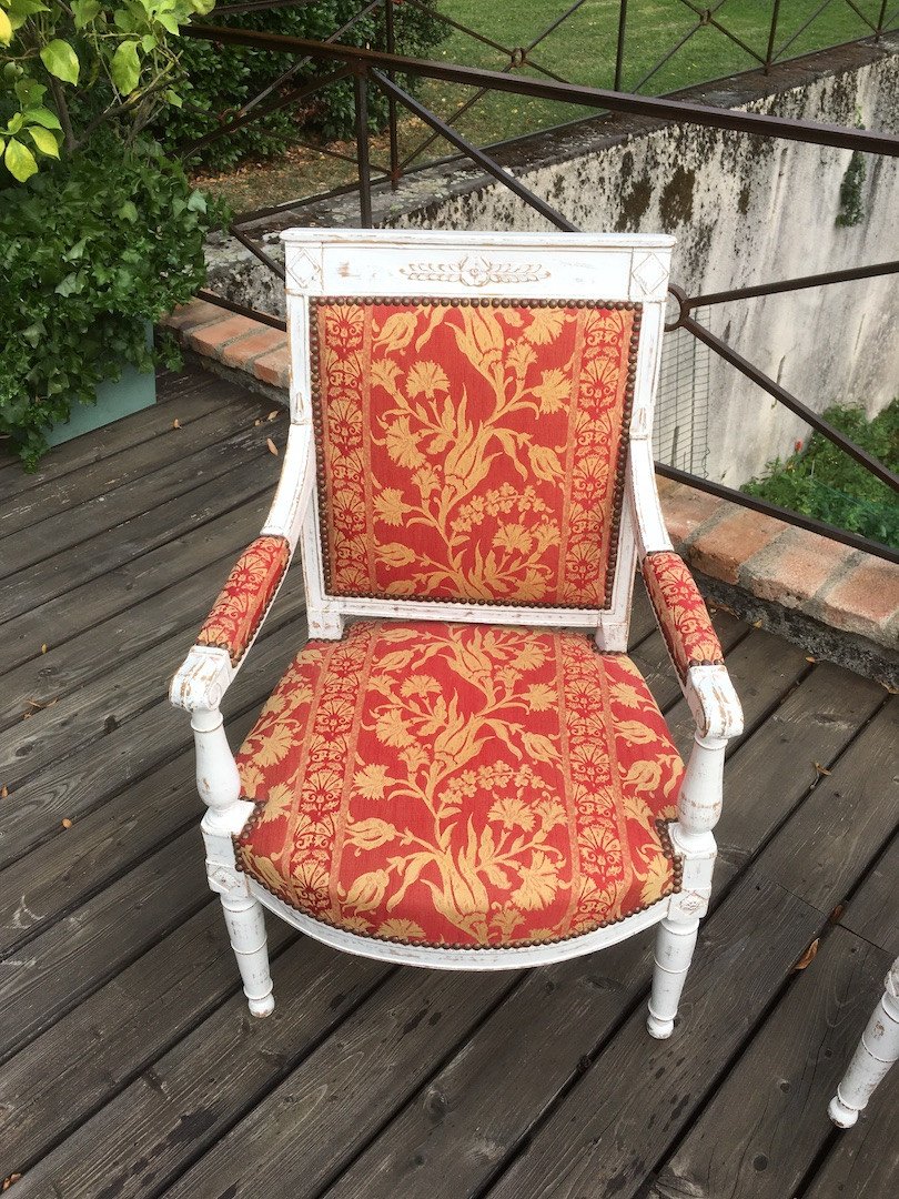 Pair Of Armchairs With Directoire Lacquered Beech Upholstery. France Late 18th Century.-photo-2