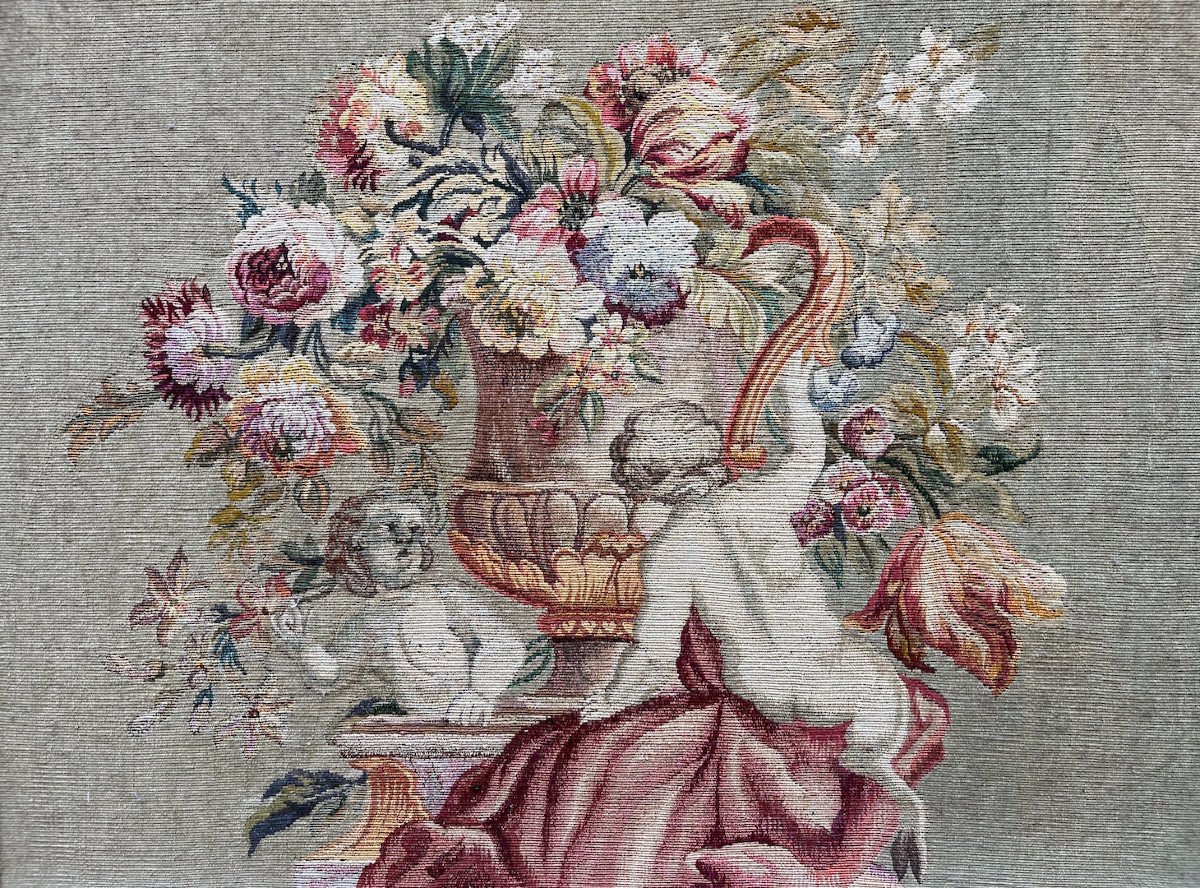 Wool And Cotton Tapestry. Bouquet And Satyr Children. Beauvais Manufacture. France 18th Century.-photo-1