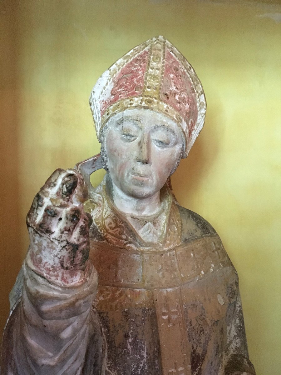 Statue Of Saint Remi In Polychrome Bourbonais Stone. France Late 13th - Early 14th Century. -photo-2