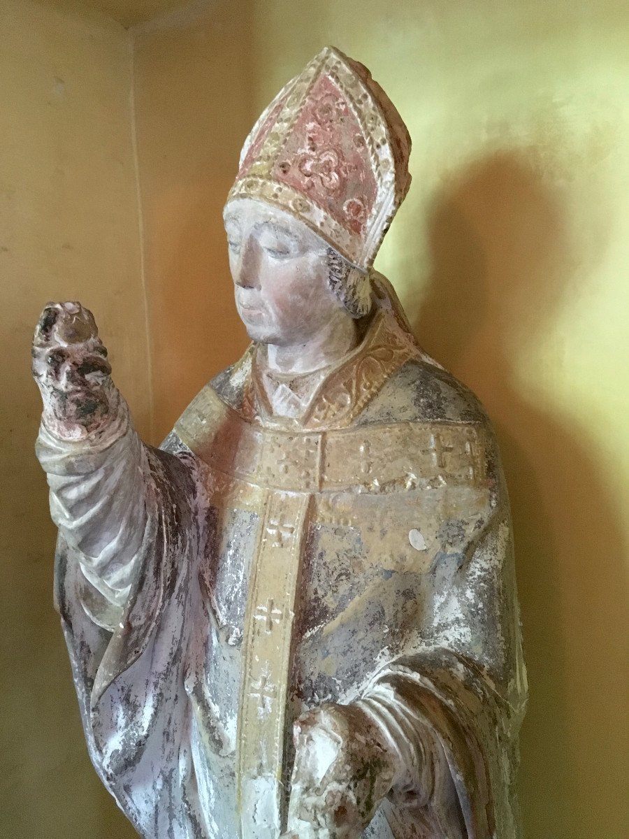 Statue Of Saint Remi In Polychrome Bourbonais Stone. France Late 13th - Early 14th Century. -photo-3