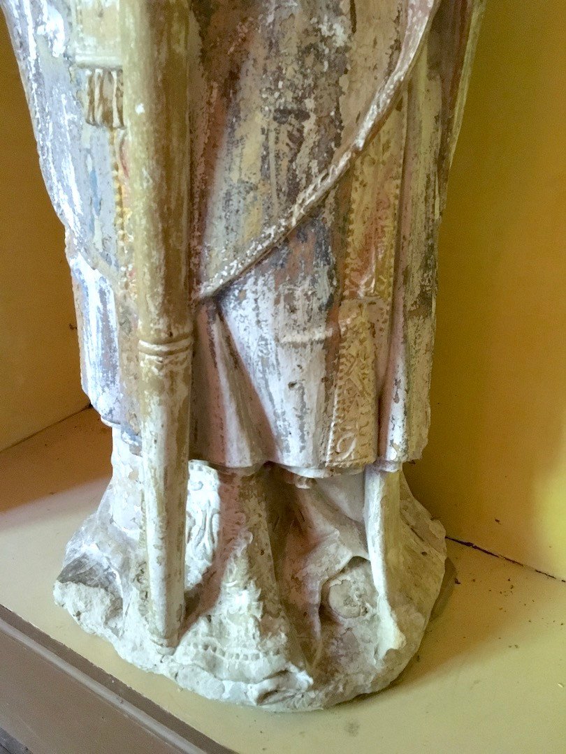 Statue Of Saint Remi In Polychrome Bourbonais Stone. France Late 13th - Early 14th Century. -photo-4