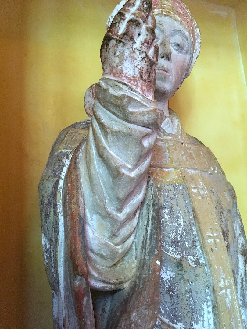 Statue Of Saint Remi In Polychrome Bourbonais Stone. France Late 13th - Early 14th Century. -photo-1