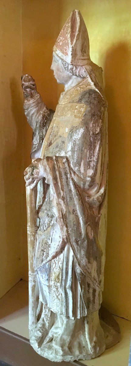 Statue Of Saint Remi In Polychrome Bourbonais Stone. France Late 13th - Early 14th Century. -photo-4