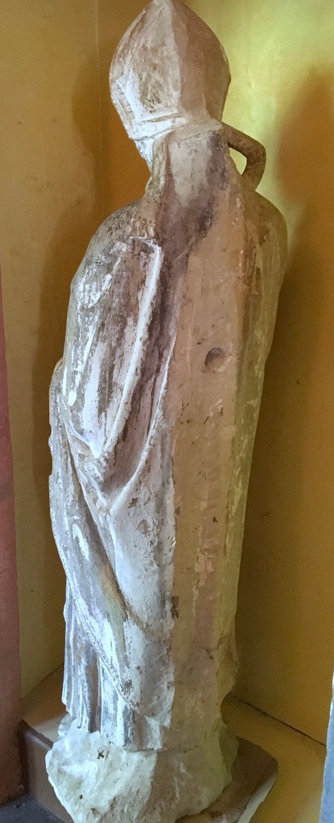 Statue Of Saint Remi In Polychrome Bourbonais Stone. France Late 13th - Early 14th Century. -photo-5