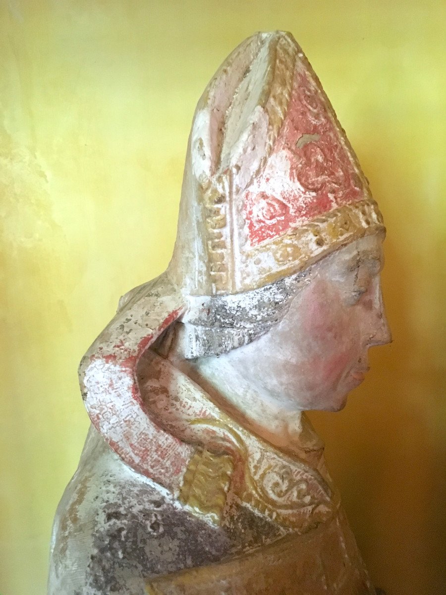 Statue Of Saint Remi In Polychrome Bourbonais Stone. France Late 13th - Early 14th Century. -photo-8