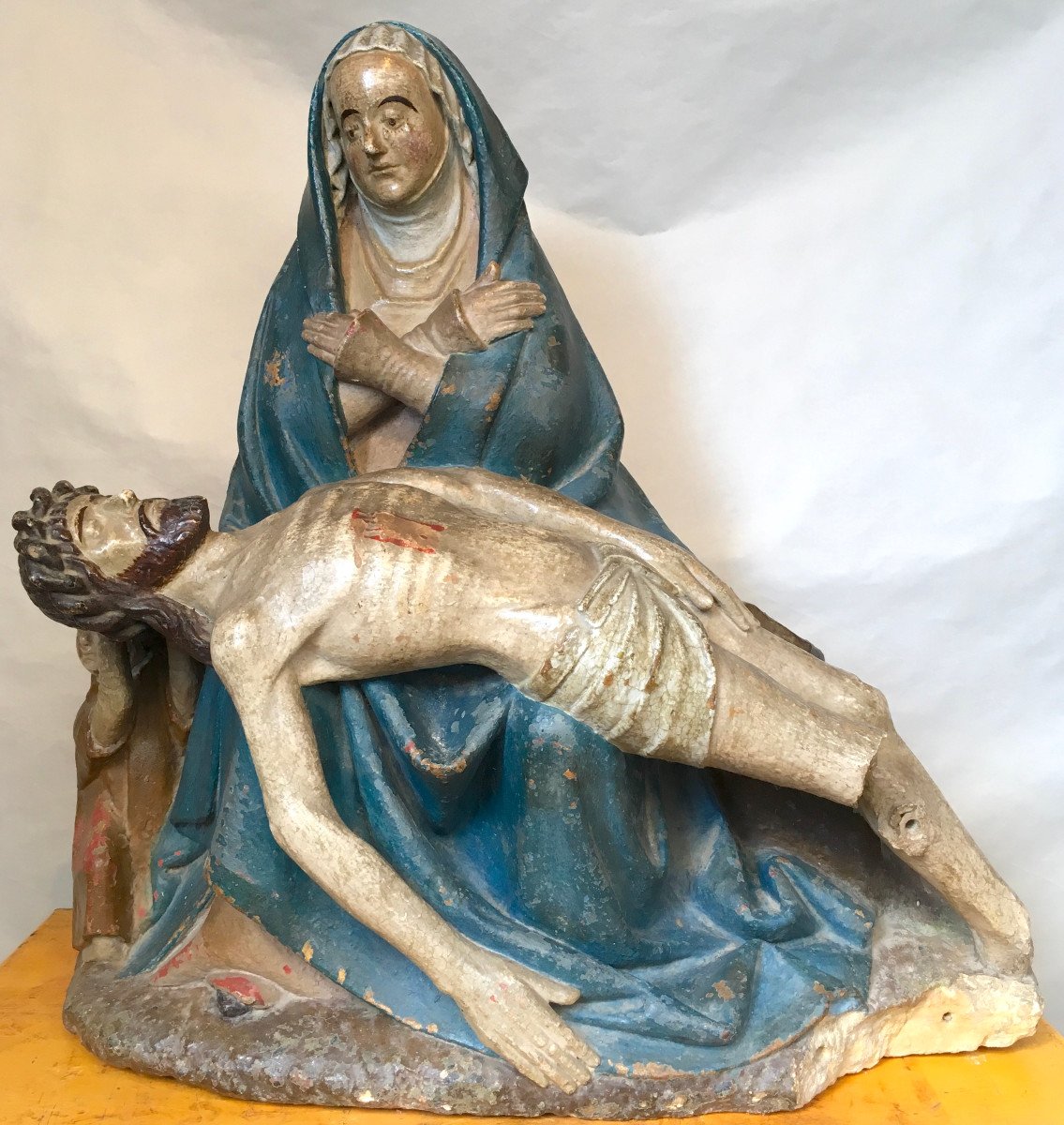 Gothic Statue Of Large Pieta In Polychrome Stone. France Late 15th Century.-photo-6