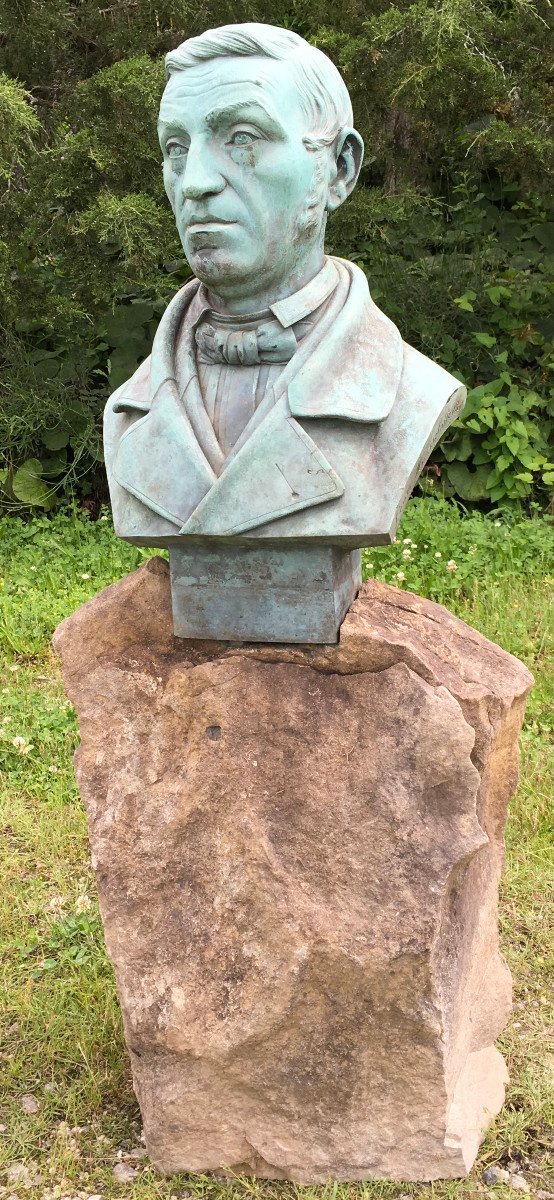 Bronze Bust With Green Patina On Stone Base. Léon Masselotte. France Mid-19th Century. 