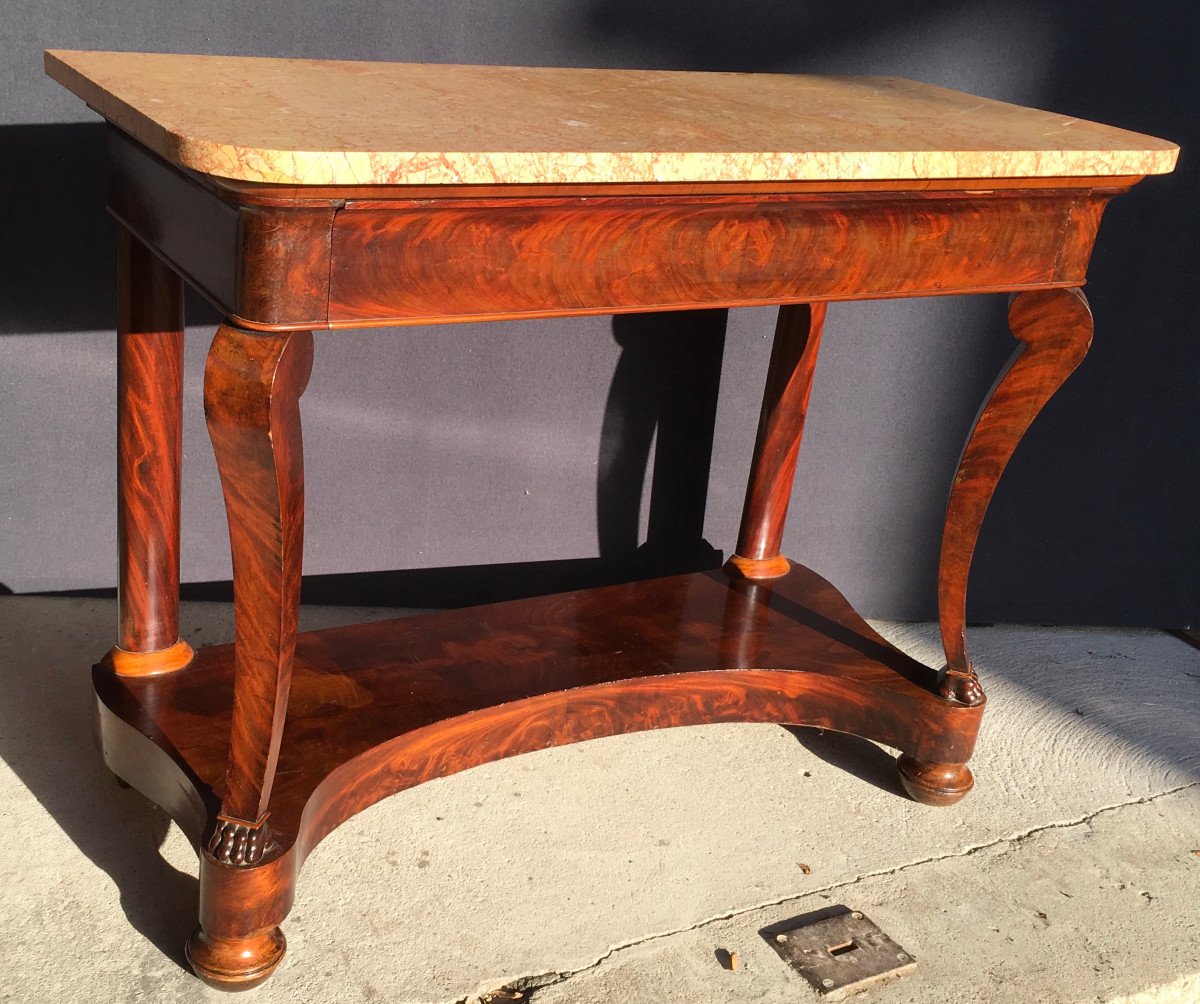 Console In Mahogany Veneer And Light Marble Top. Restoration Period. Early 19th Century. -photo-2