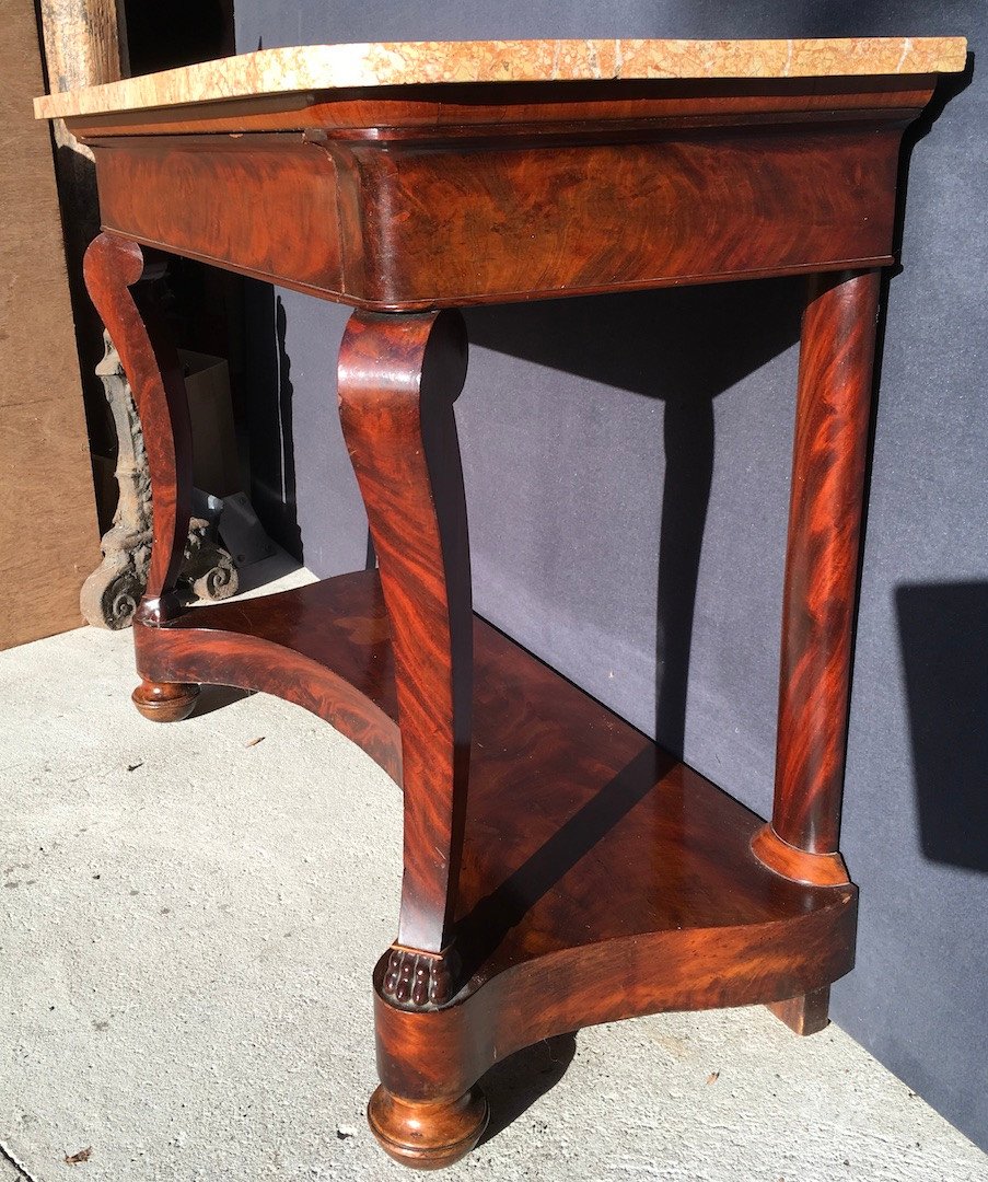 Console In Mahogany Veneer And Light Marble Top. Restoration Period. Early 19th Century. -photo-2