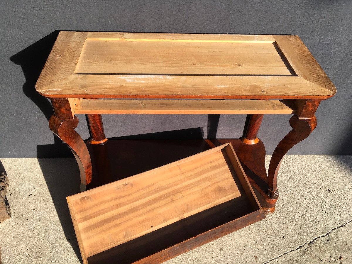 Console In Mahogany Veneer And Light Marble Top. Restoration Period. Early 19th Century. -photo-5