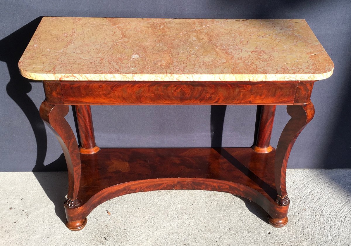 Console In Mahogany Veneer And Light Marble Top. Restoration Period. Early 19th Century. 