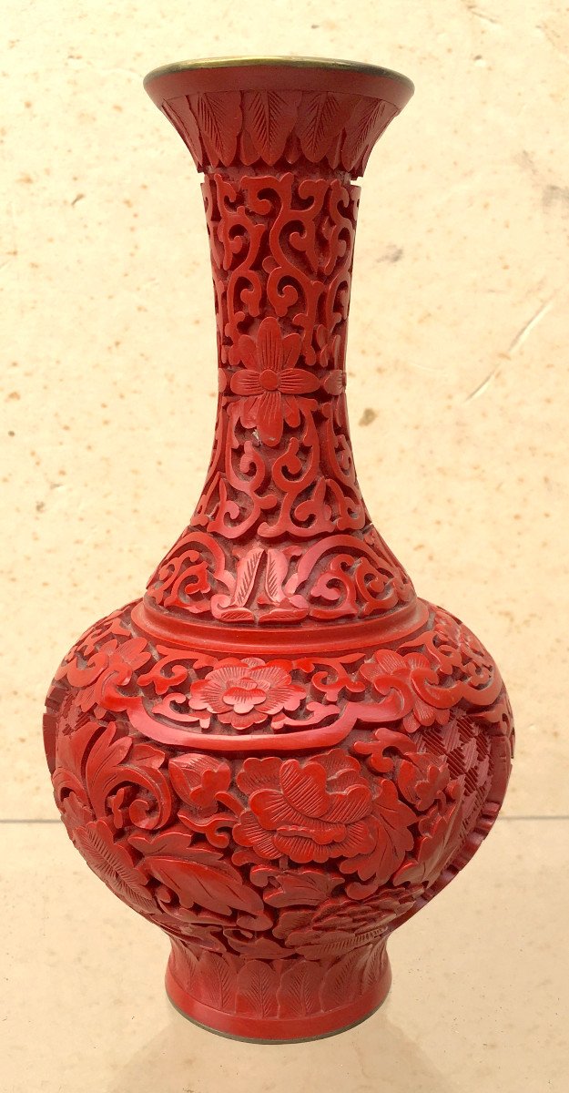 Petit Vase En Laque De Cinabre Sur Laiton émaillé Bleu. Chine Deuxième Moitié Du XXe Siècle. -photo-2